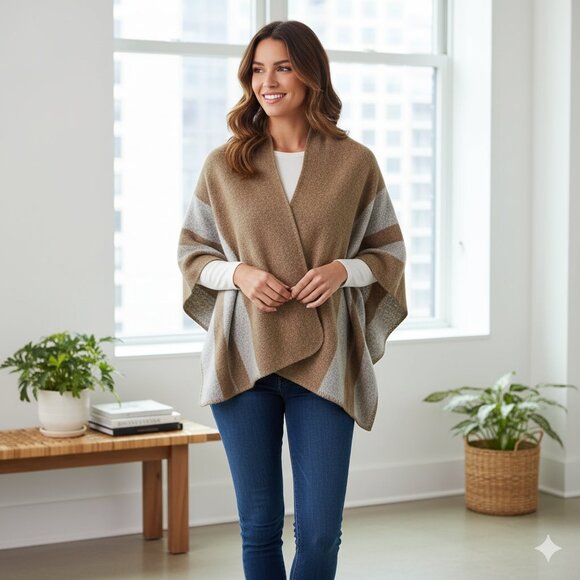 Women's Blanket Shawl Wrap Poncho Open Front Cape Brown Grey Fall Neutral - Picture 1 of 16